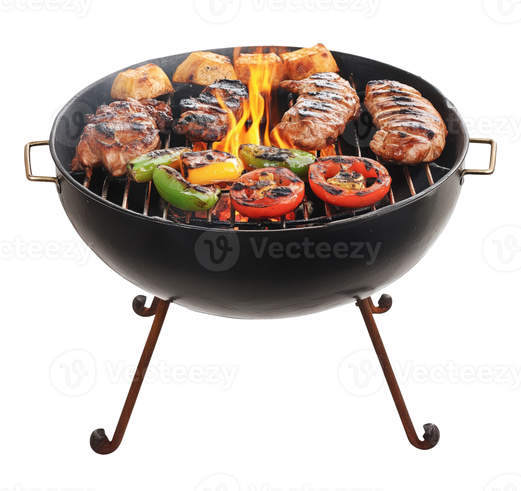 Grill with meat and vegetables isolated transparent background png