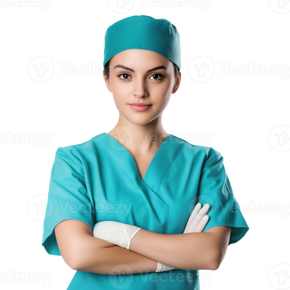 Portrait of a young female medical professional in teal scrubs and a cap, standing with arms crossed and wearing gloves, isolated on a transparent background png