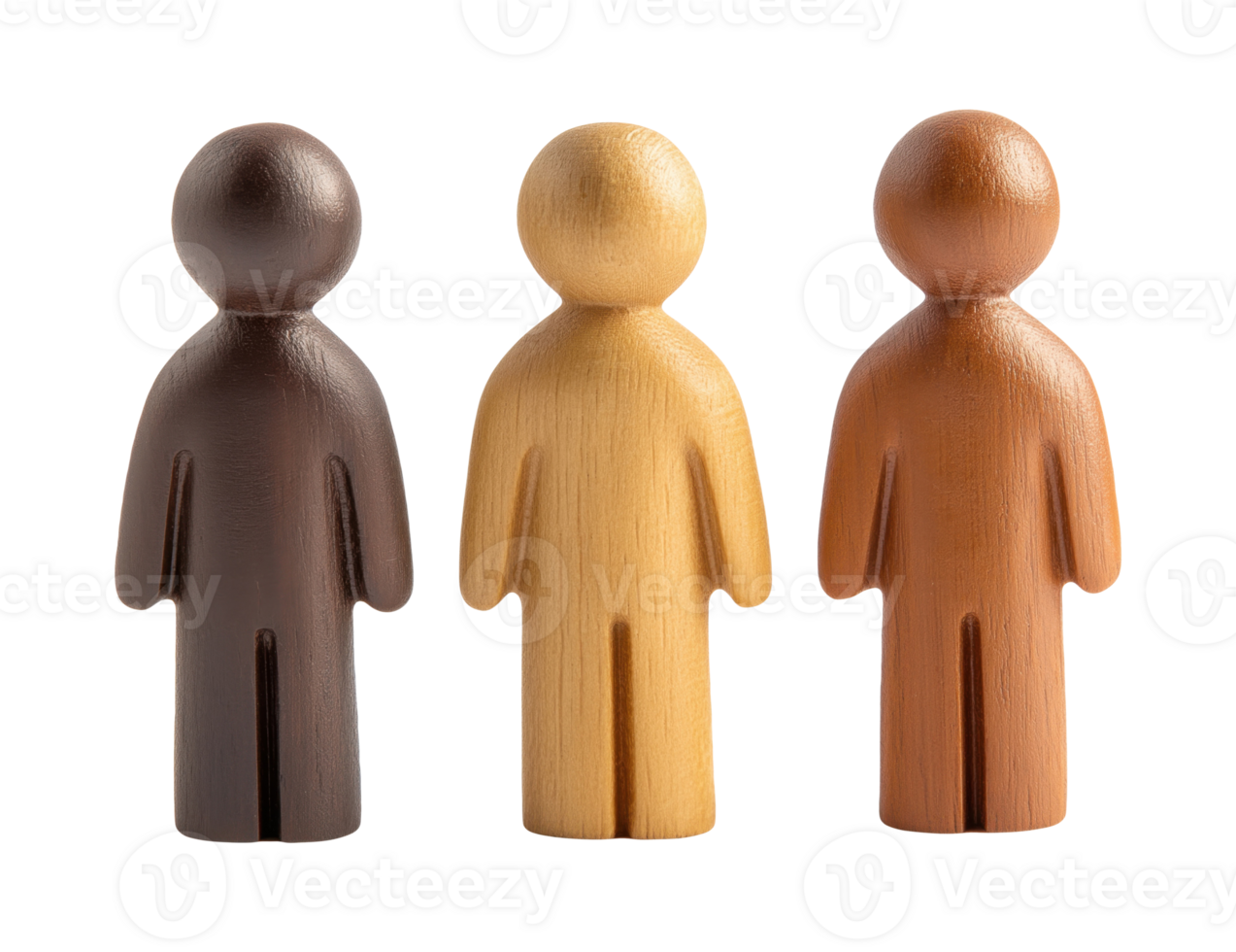 Three wooden figures isolated on transparent background png