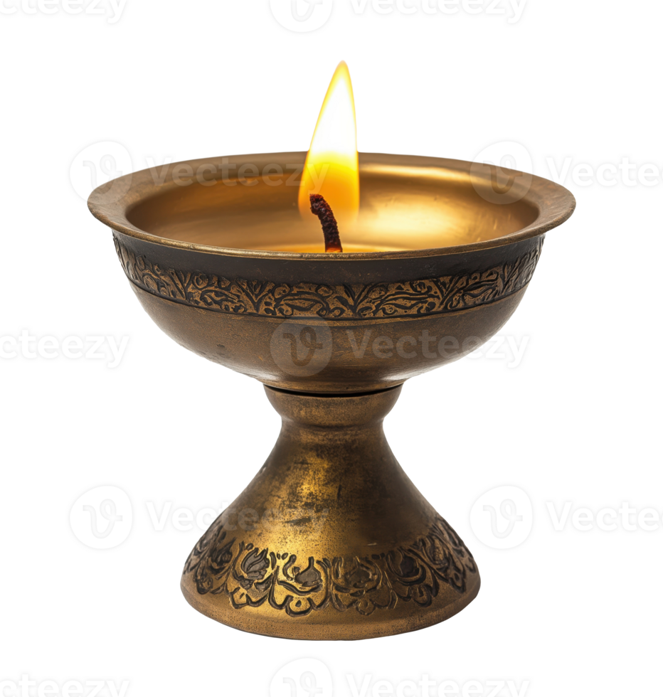 Traditional Diya oil lamp with a burning flame, isolated on a transparent background png