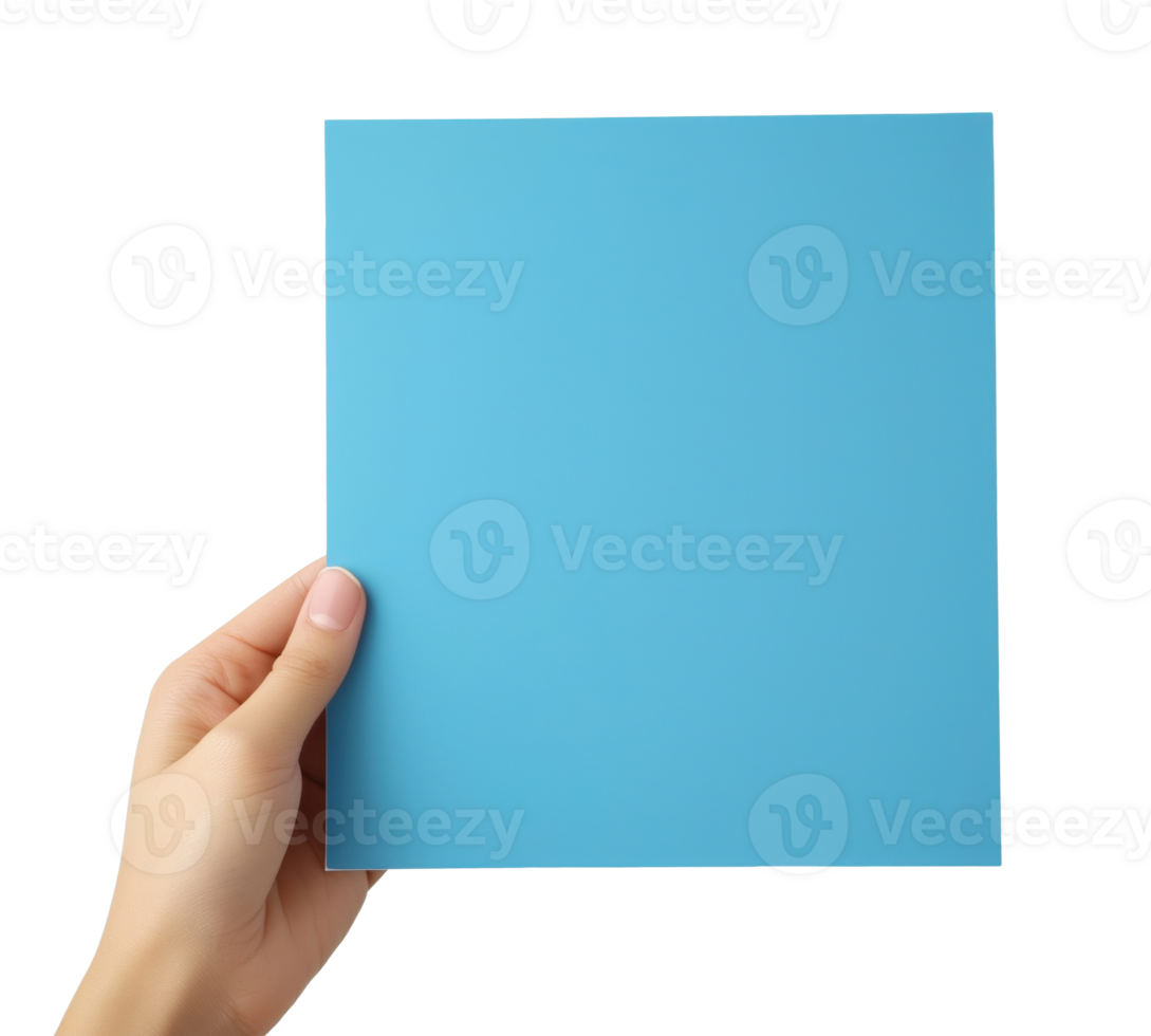 Hand holding a blue sheet of paper, isolated on a transparent background png