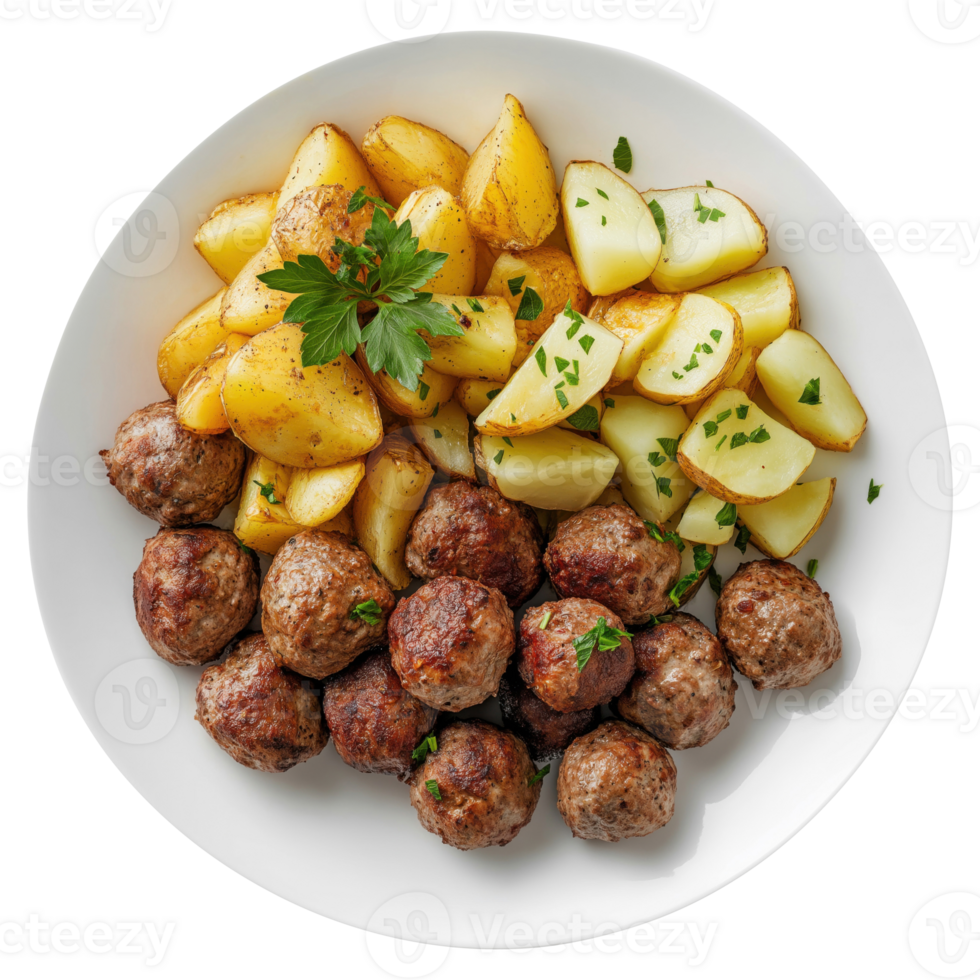 A plate of meatballs and potatoes with parsley, isolated on a transparent background, top view png