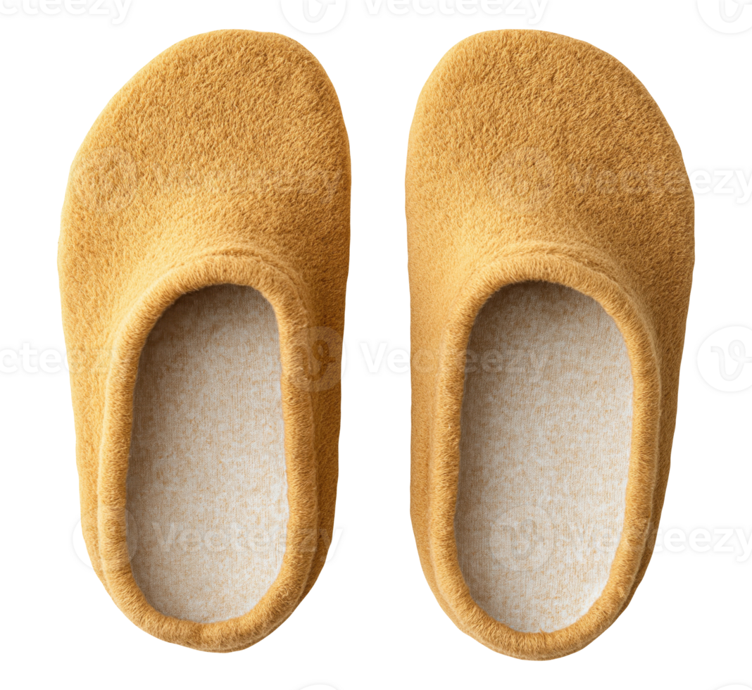 Pair of soft fluffy orange home slippers isolated on transparent background png