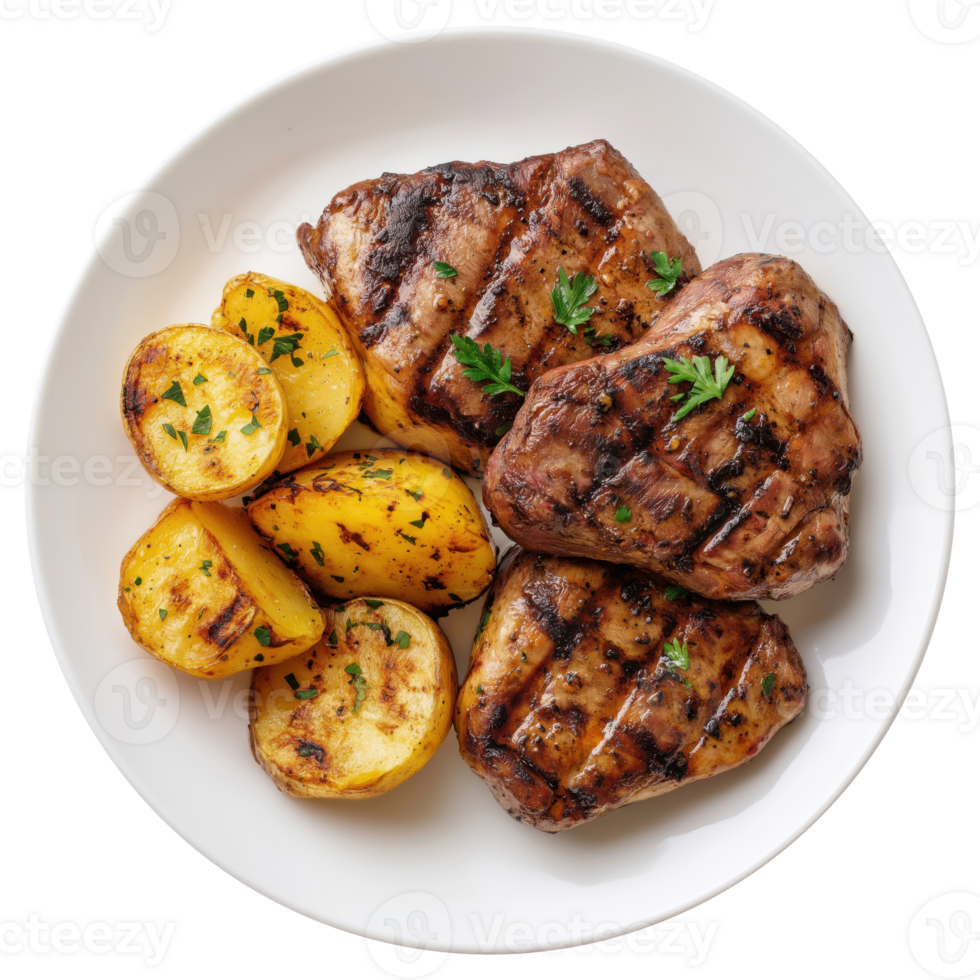 Grilled potatoes with meat isolated on transparent background, top view png