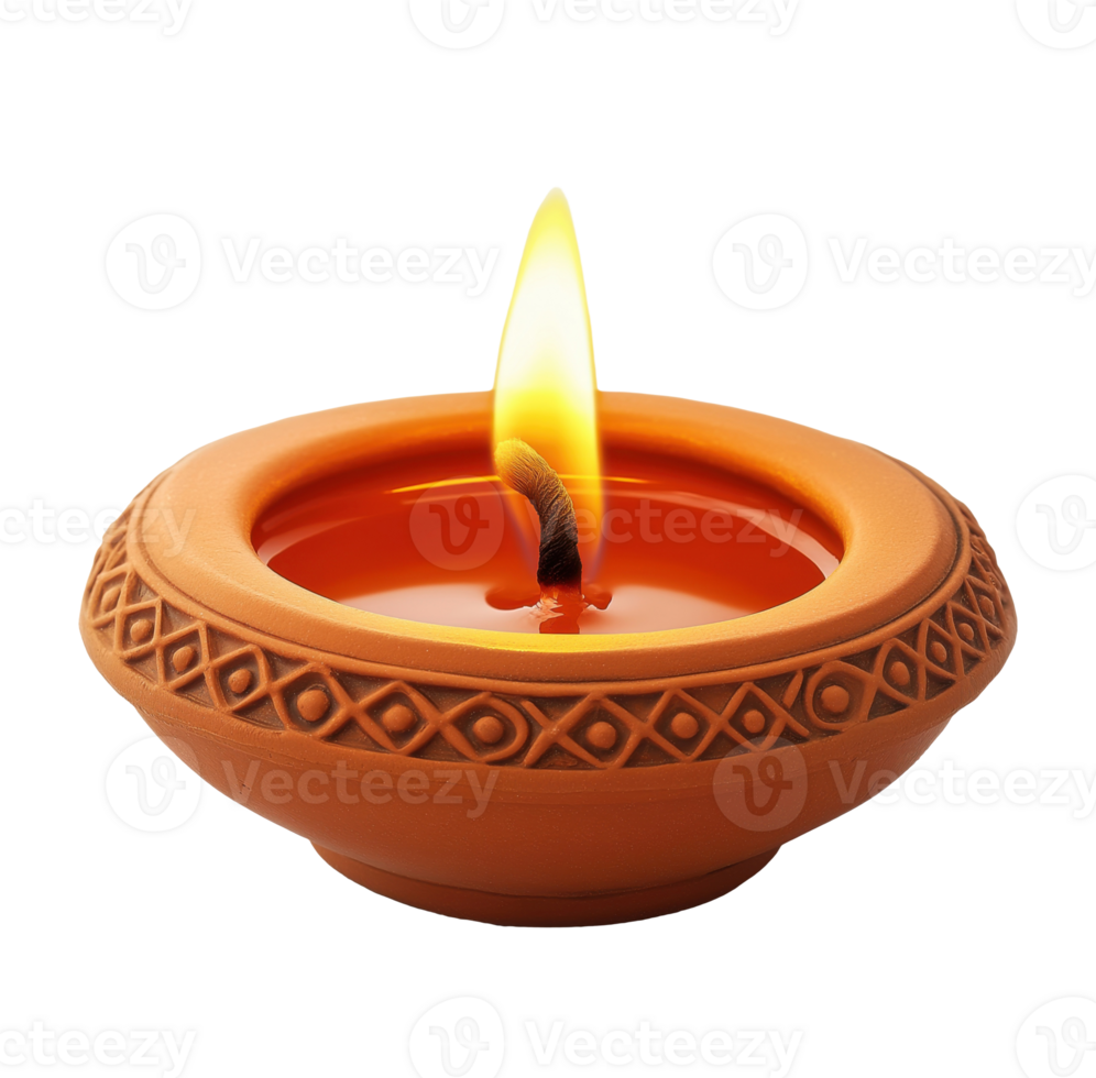 Traditional Diya oil lamp with a burning flame isolated on transparent background png