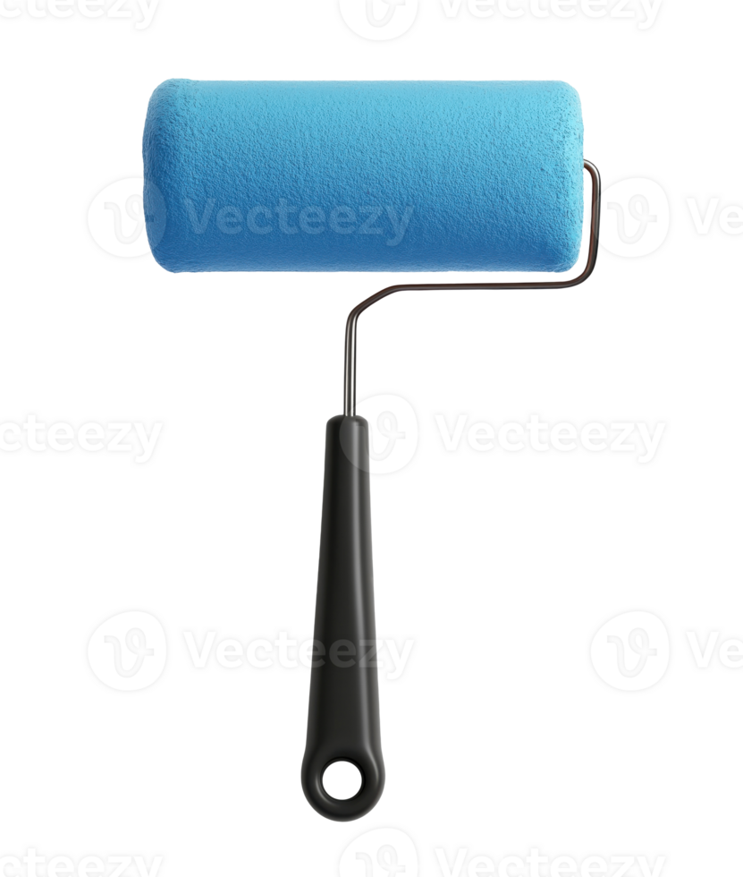 Blue paint roller with black plastic handle isolated on transparent background png