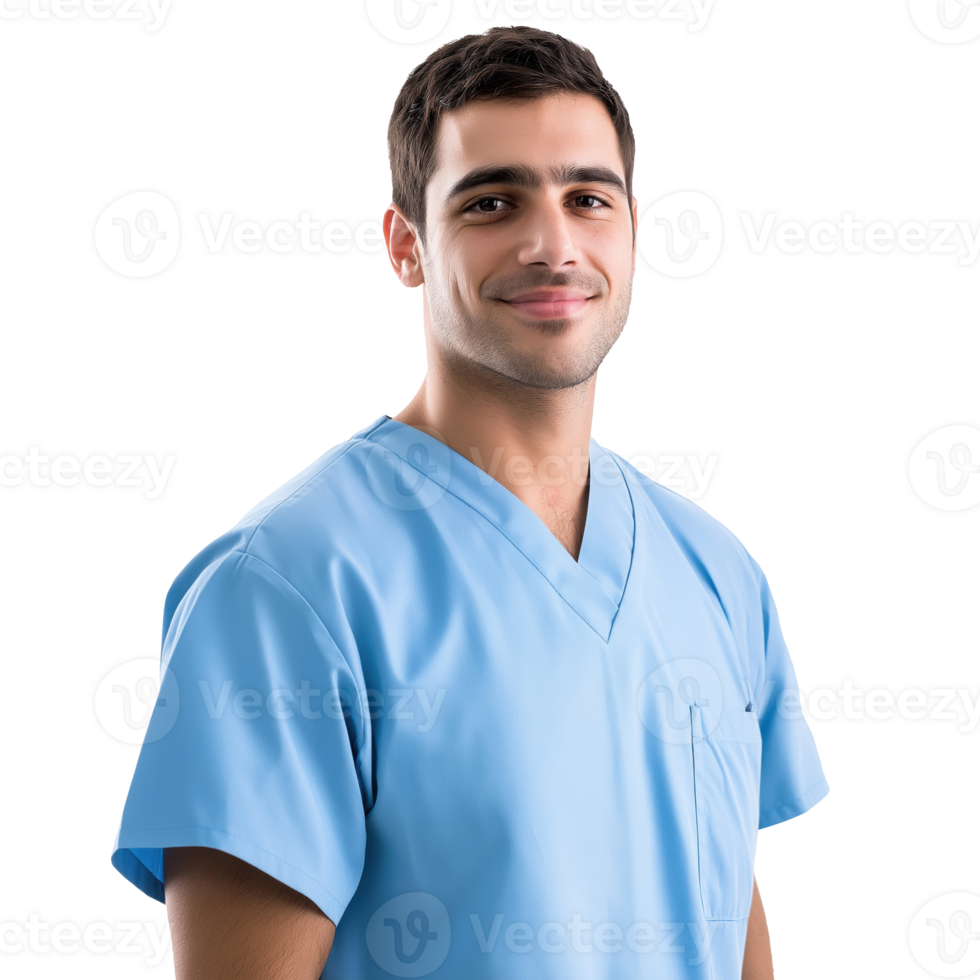 Portrait of a male healthcare worker in blue uniform isolated on transparent background png