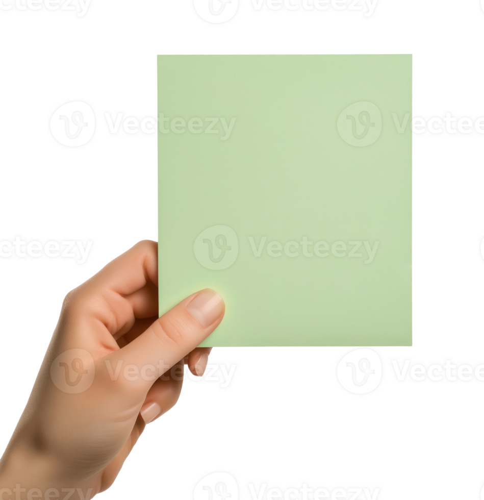 Closeup of a hand holding a blank light green sheet of paper, isolated on a transparent background png