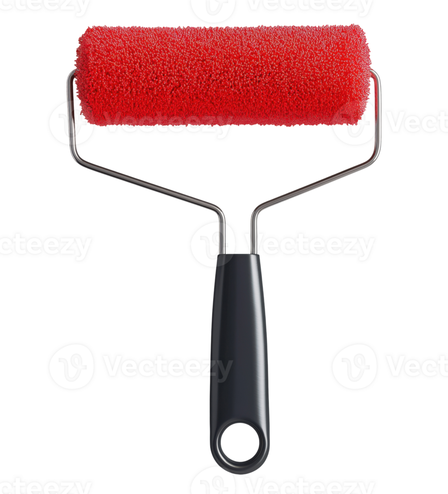 Red paint roller with black plastic handle isolated on transparent background png