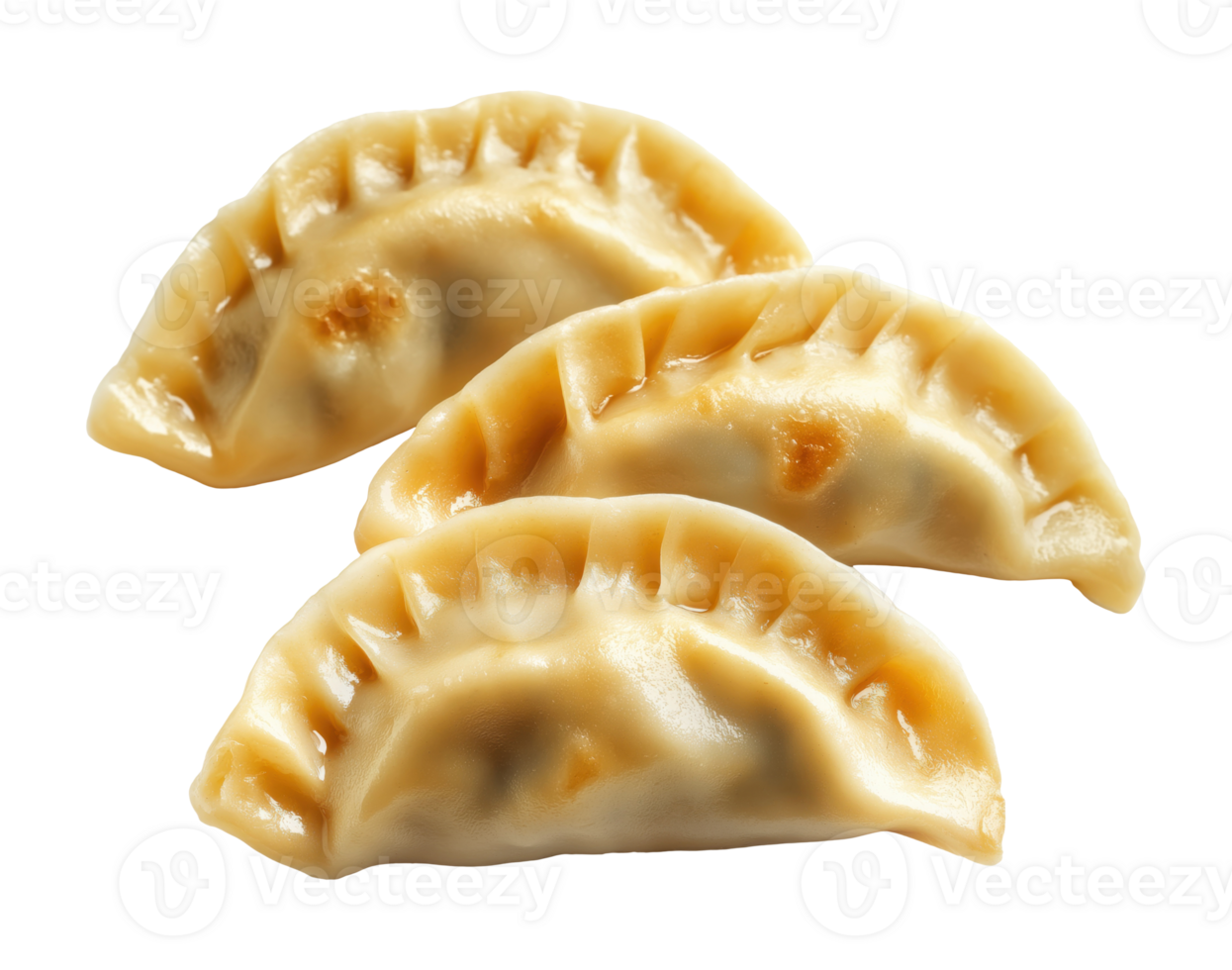 Three cooked Asian dumplings with crispy edges isolated on transparent background png