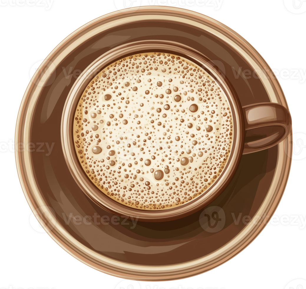 Illustration of a cappuccino in a brown ceramic cup and saucer, isolated on transparent background png