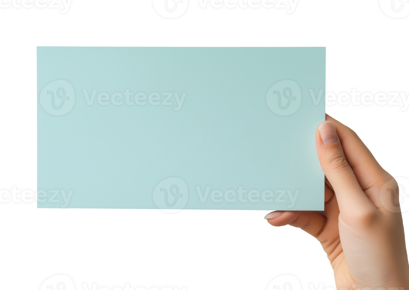 Hand holding blank light blue card isolated on transparent background png