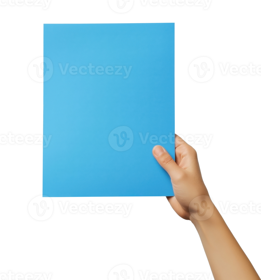 Hand holding a blank blue sheet of paper, isolated on a transparent background png
