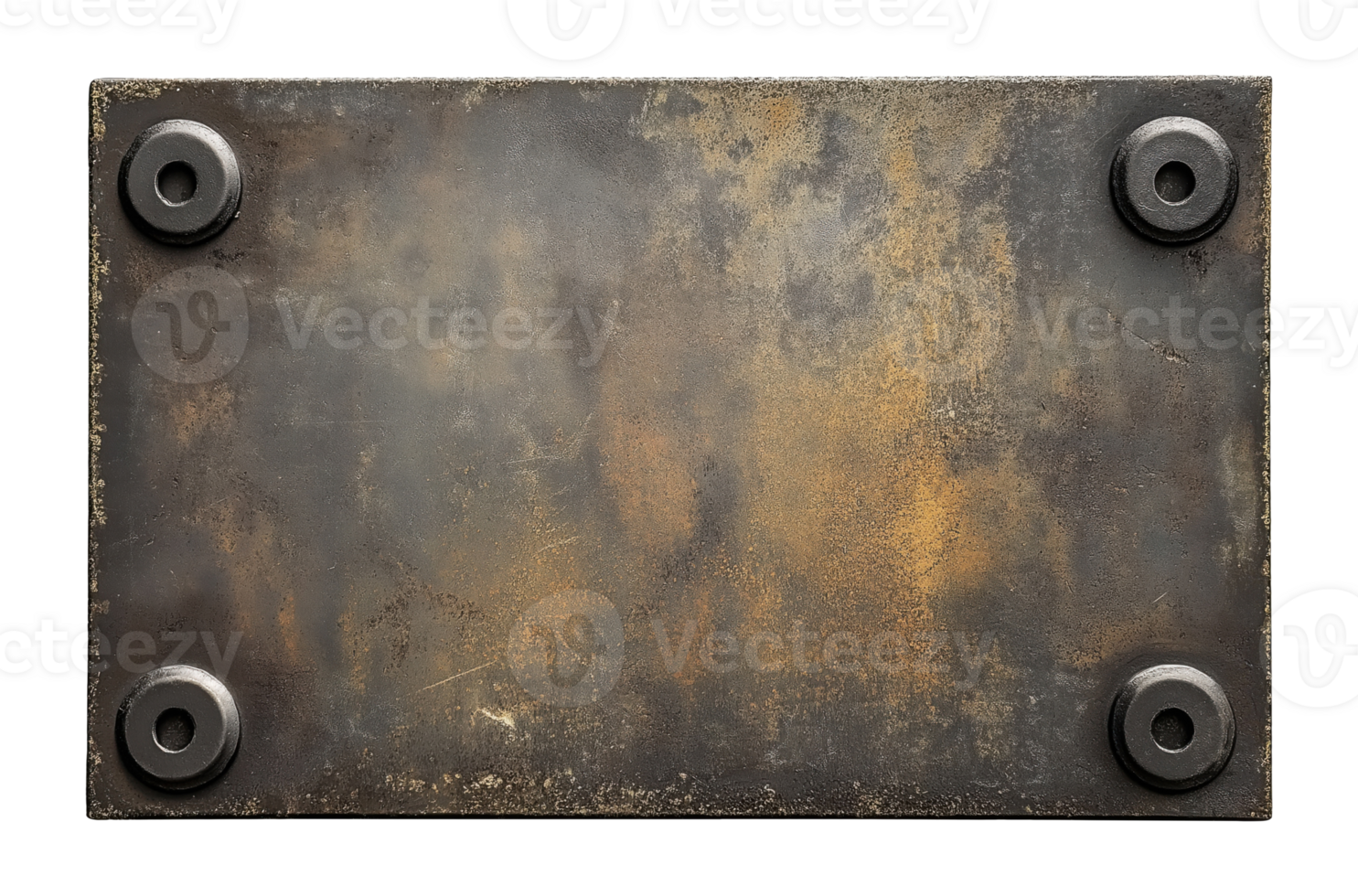 Old metal board with four corner bolts isolated on transparent background png
