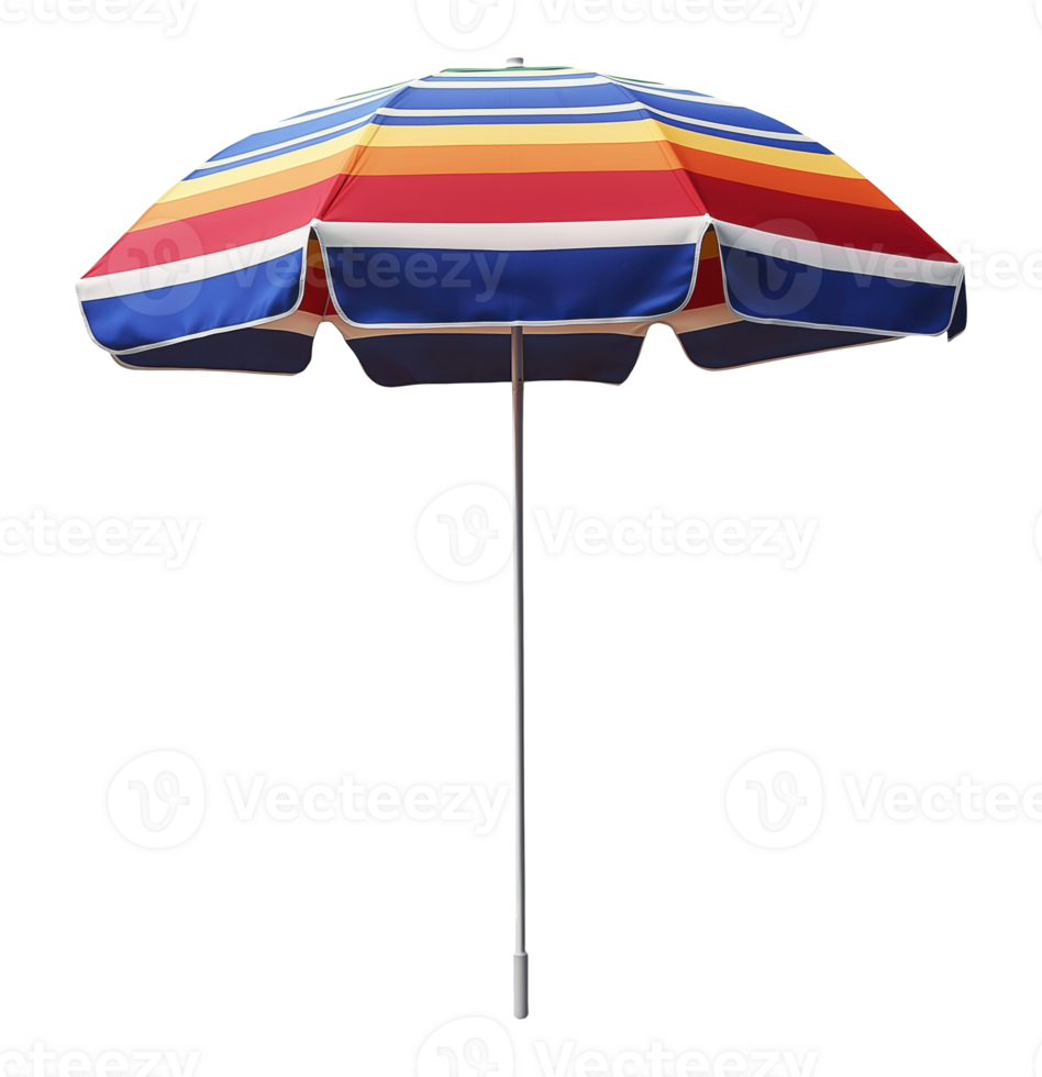 Bright striped beach umbrella with metal pole isolated on transparent background png