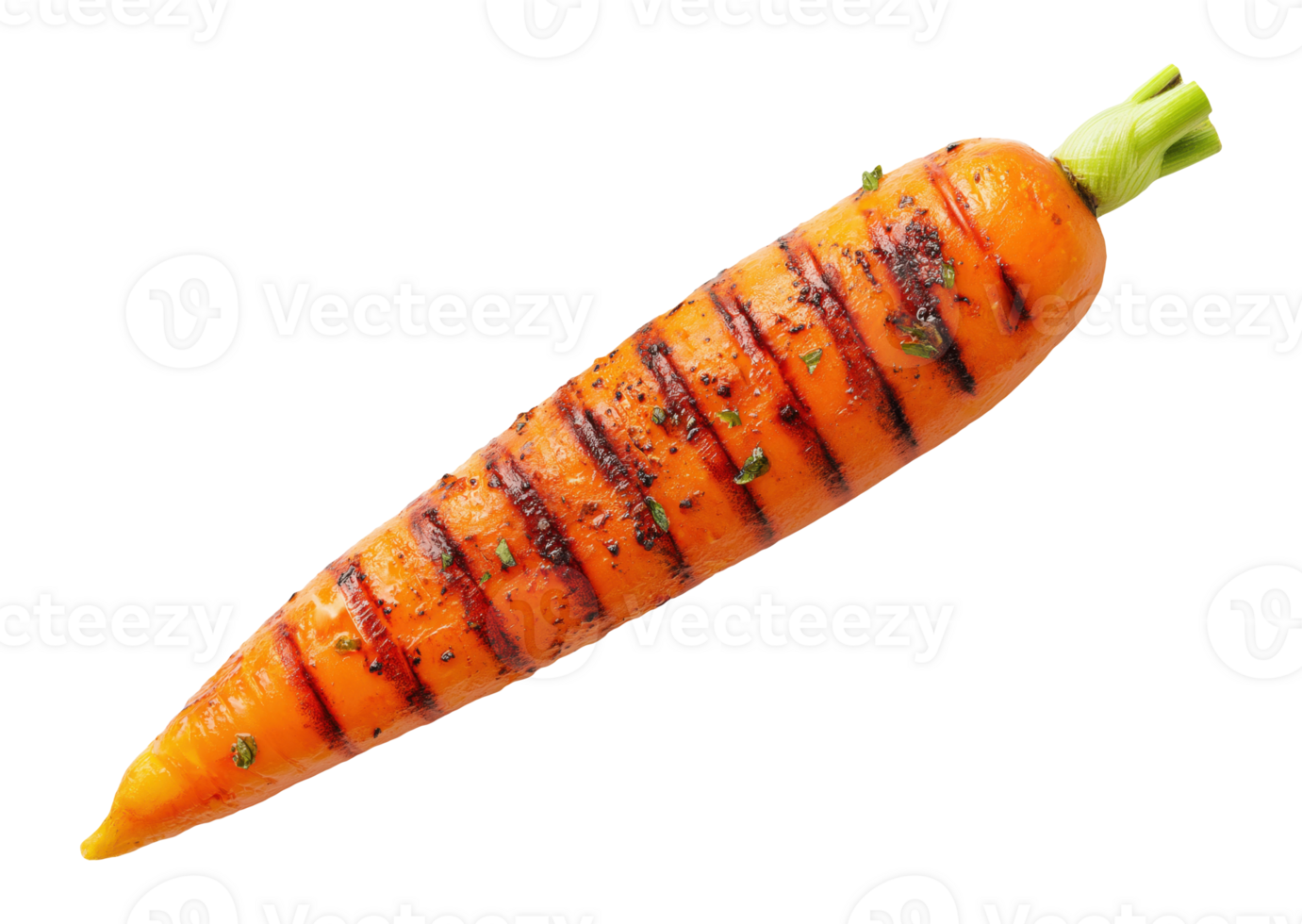 Fresh orange carrot with black grill marks isolated on a transparent background png