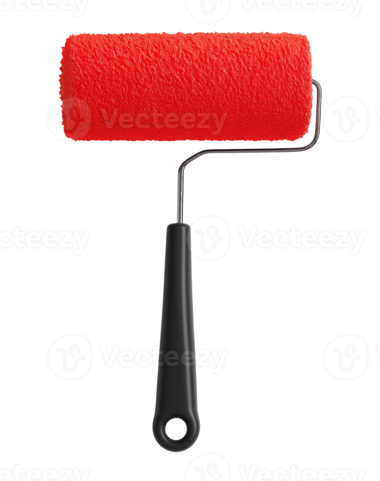 Red paint roller with black plastic handle, isolated on a transparent background png