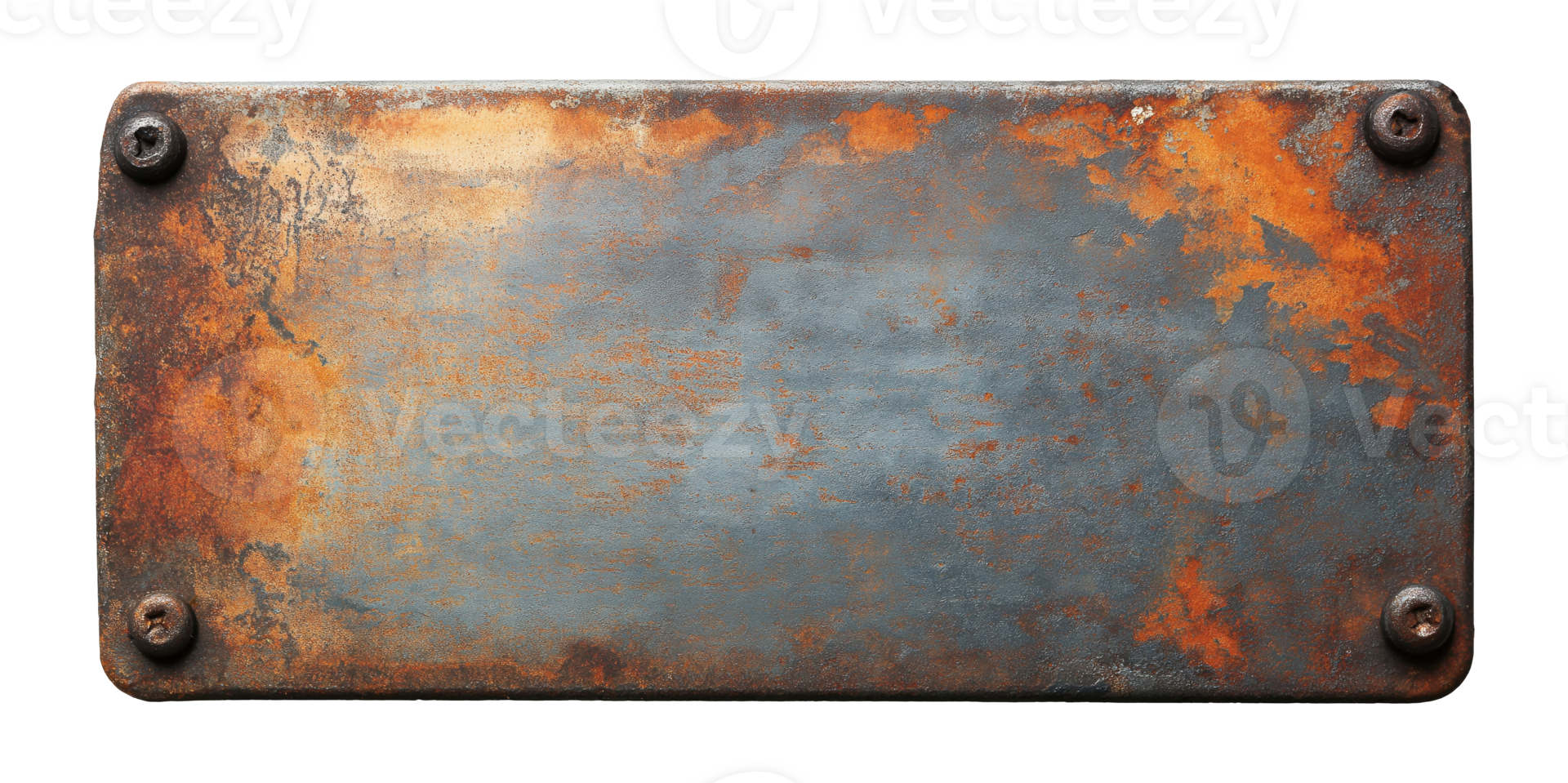Weathered metal board with orange-brown rust patterns isolated on transparent background png