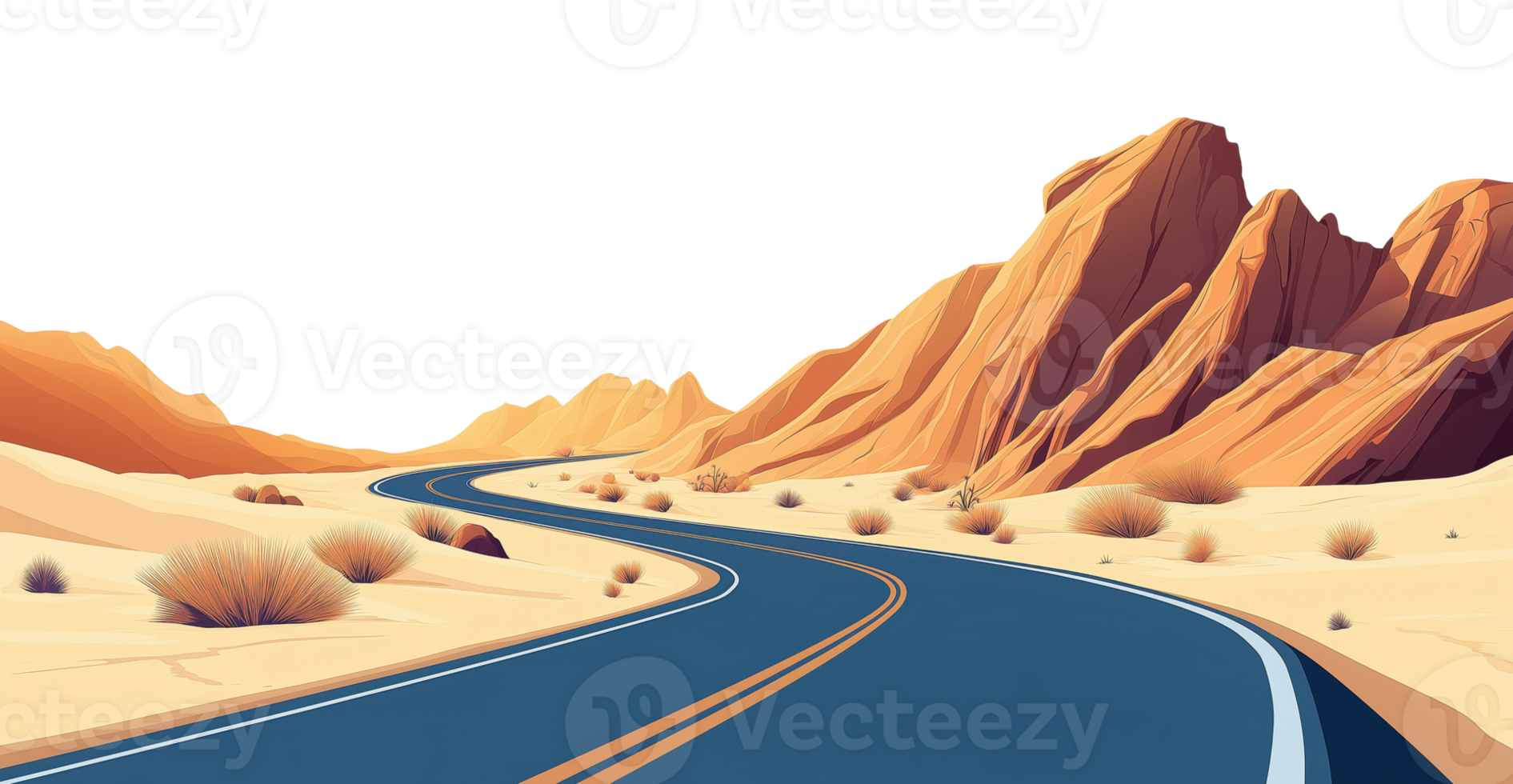 Illustration of a winding highway cutting through desert landscape with mountains and sand dunes, isolated on a transparent background png
