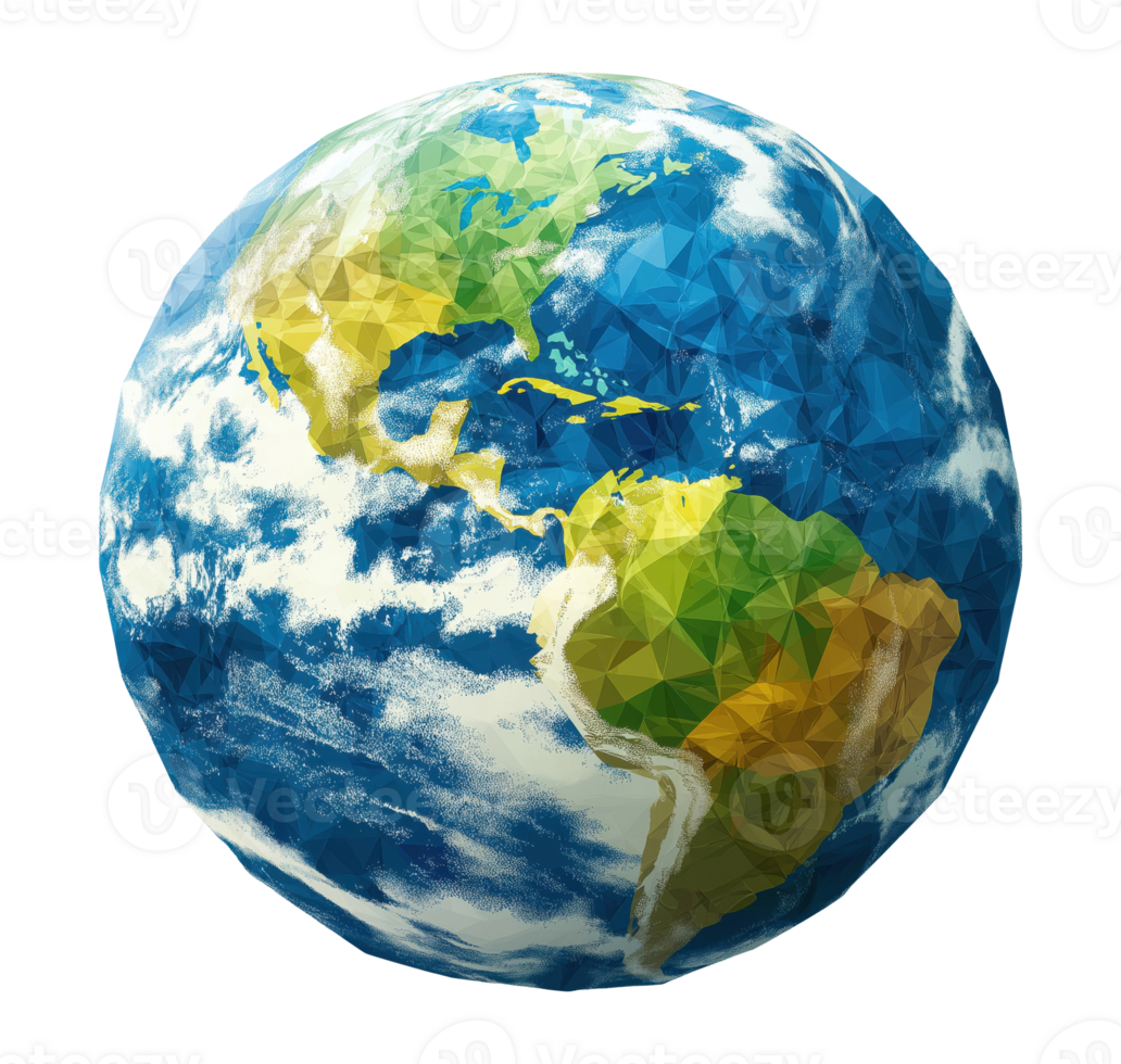 Stylized earth globe illustration in low-poly geometric style, isolated on transparent background png
