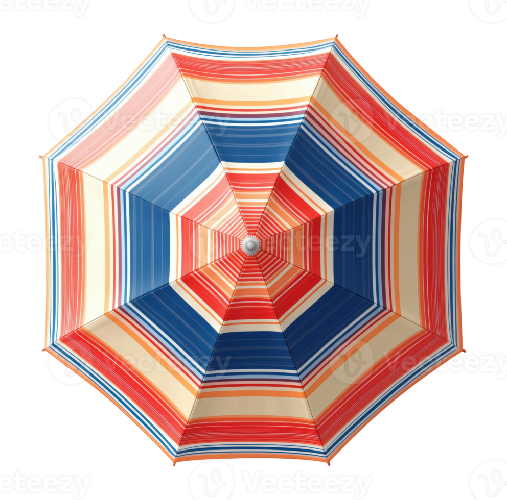 Top view of a striped red and blue beach umbrella isolated on transparent background png