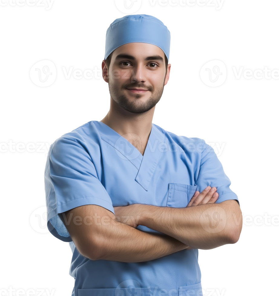 Portrait of a male healthcare worker in blue uniform, standing with arms crossed, isolated on transparent background png