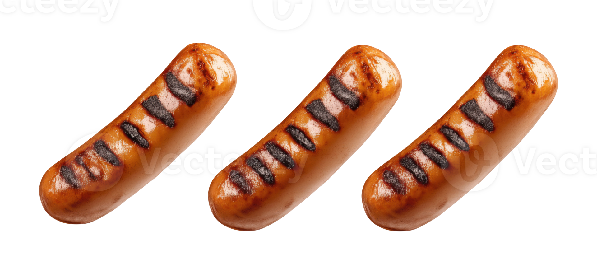 Three grilled sausages with dark barbecue grill marks isolated on transparent background png