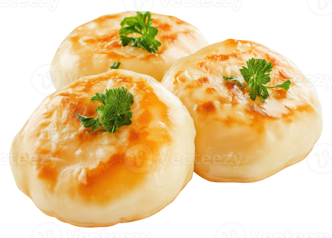 Three fried dumplings with parsley isolated on transparent background png
