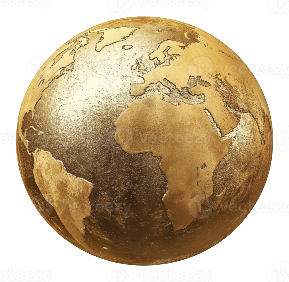 Shiny golden earth globe illustration with a metallic texture isolated on a transparent background png