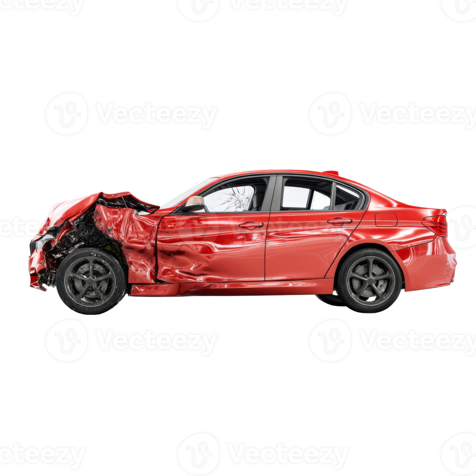 Crashed red car with damage isolated. Totaled vehicle png