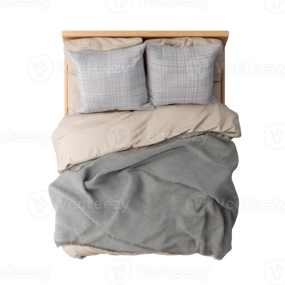 Double bed with plaid blanket and pillows, top view png