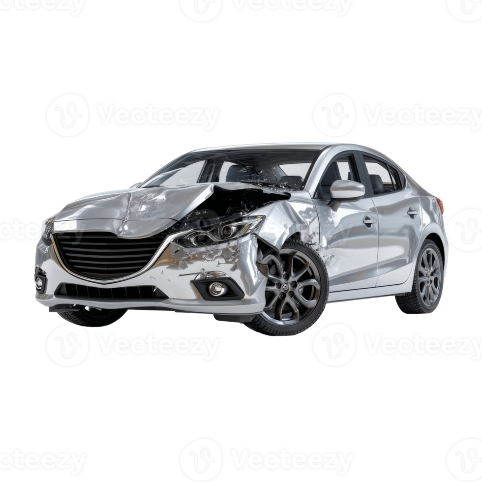Sedan with extensive damage, crushed hood, shattered windshield and broken headlights png