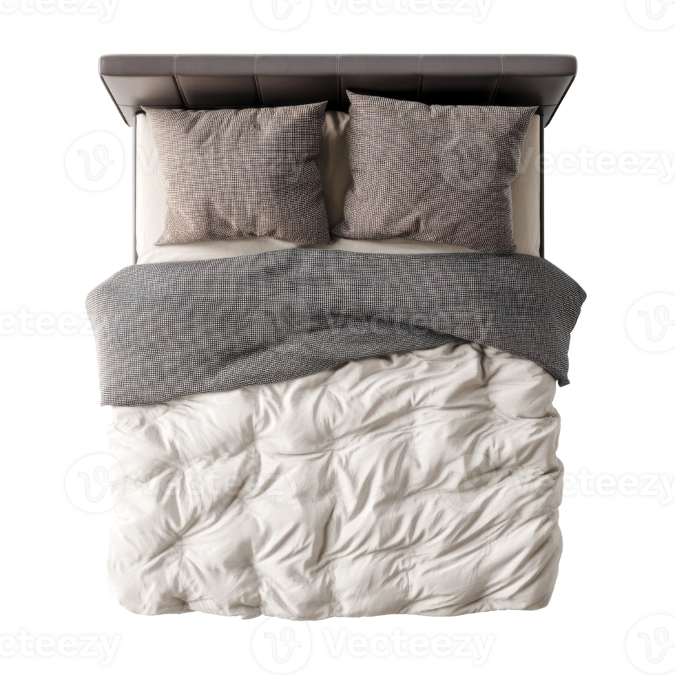 Top view of double bed with plaid blanket and pillows png