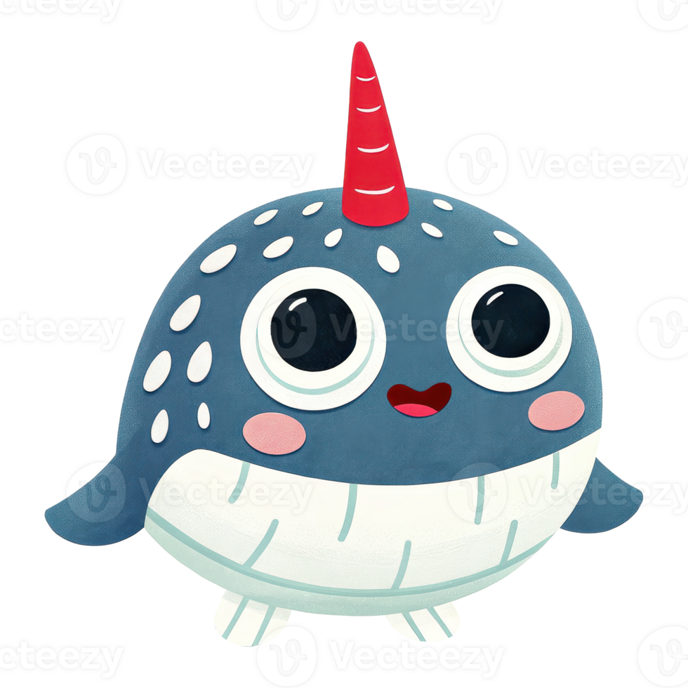 of a cheerful cartoon style narwhal with a bright red horn smiling and surrounded by a playful whimsical design png