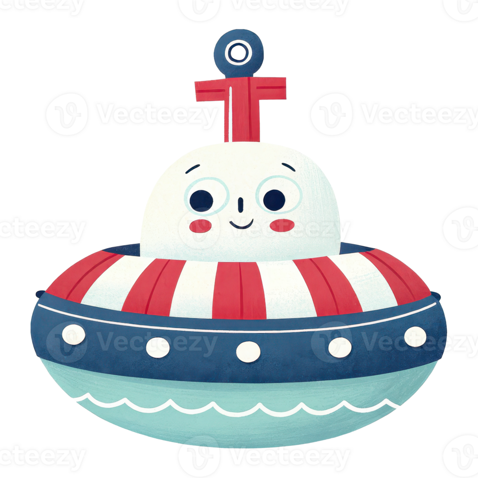 A colorful and whimsical toy character design with a friendly happy expression and nautical inspired details png