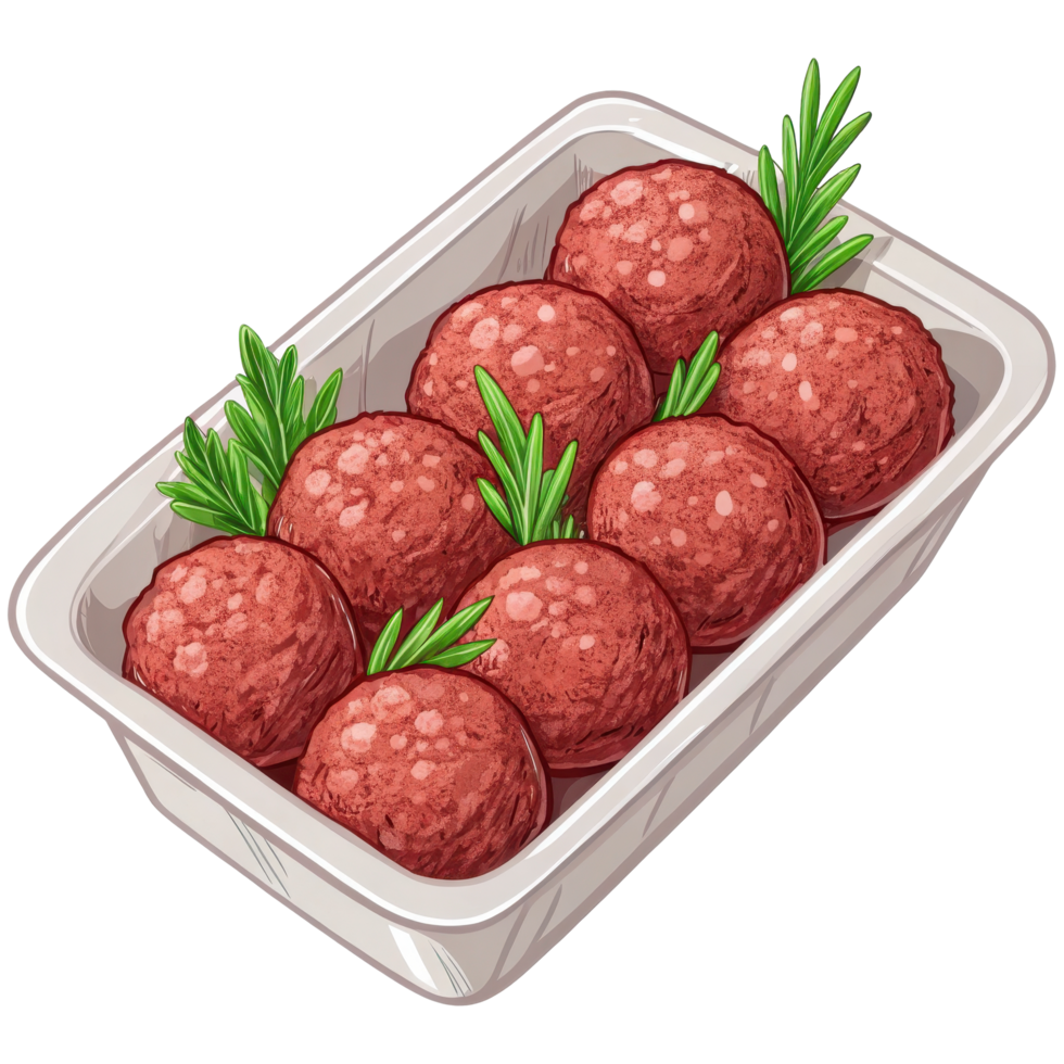 Fresh beef meatballs in a food packaging tray png