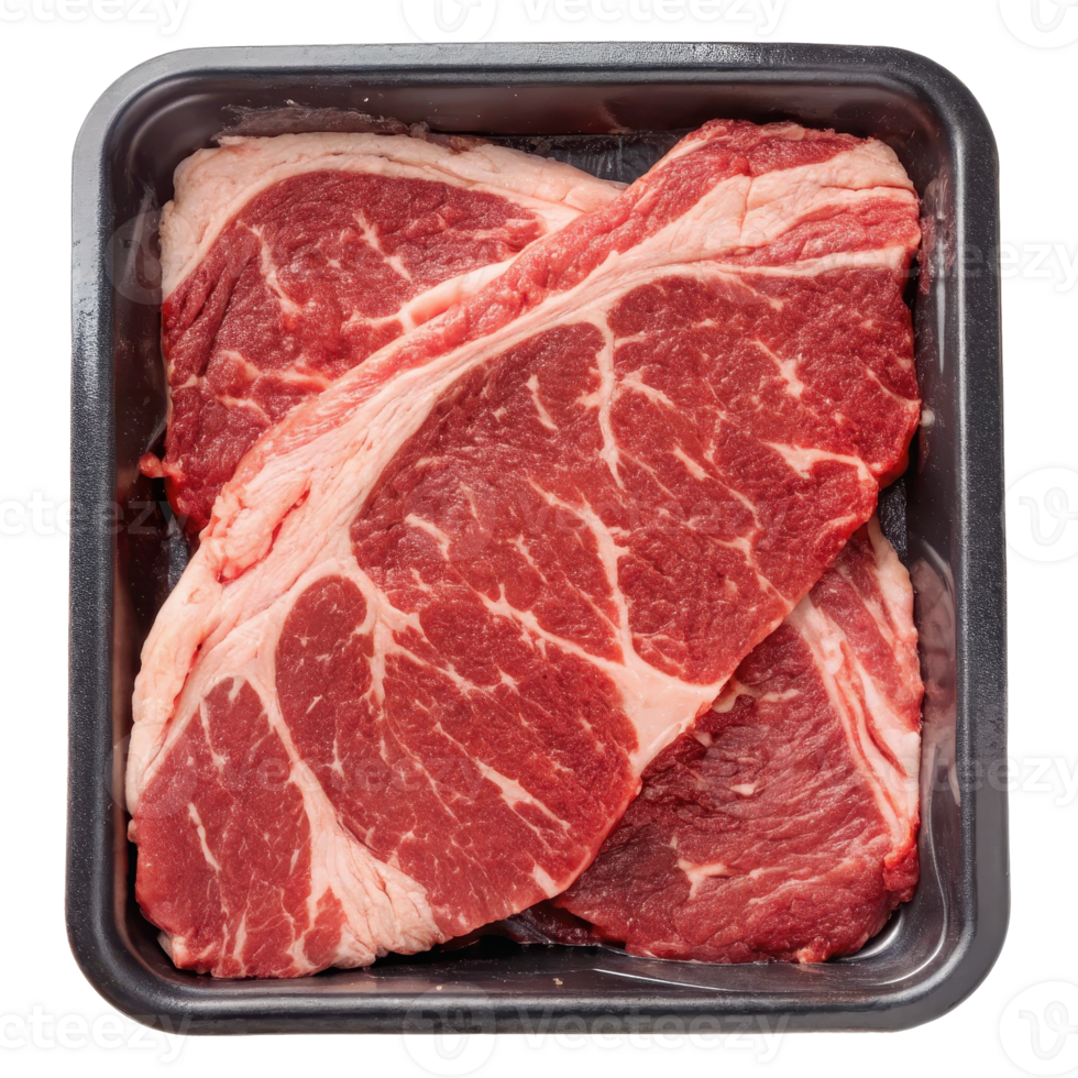Packaged raw beef steak in plastic tray png