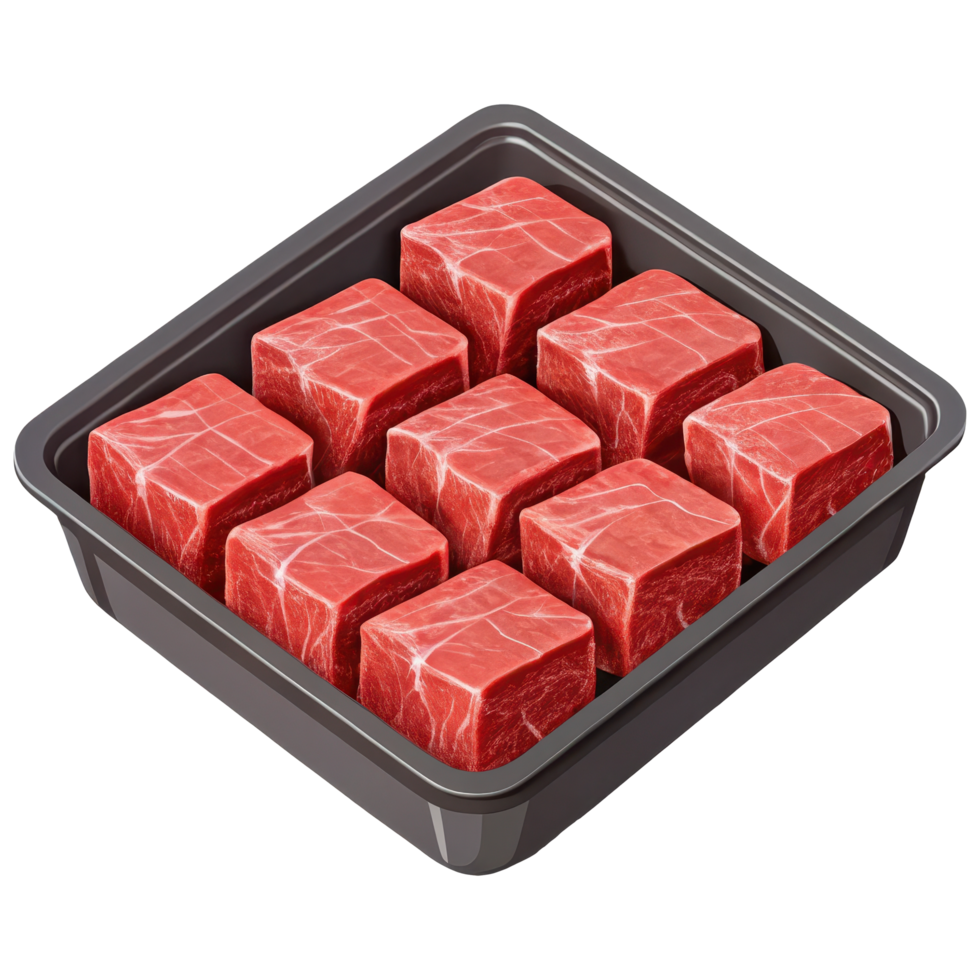 Cubed raw beef meat for stew in a plastic tray png
