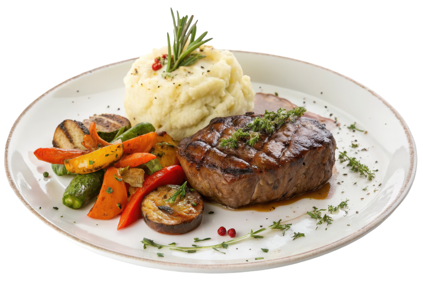 Perfectly Grilled Steak with Roasted Vegetables and Mashed Potatoes png