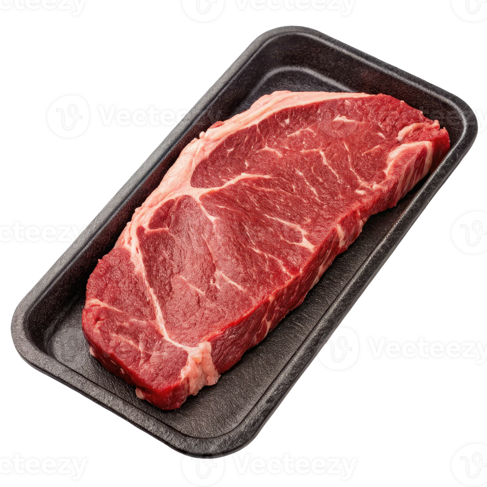 A close up view of a fresh marbled beef top sirloin steak in a black plastic tray ready for grocery store display or cooking png