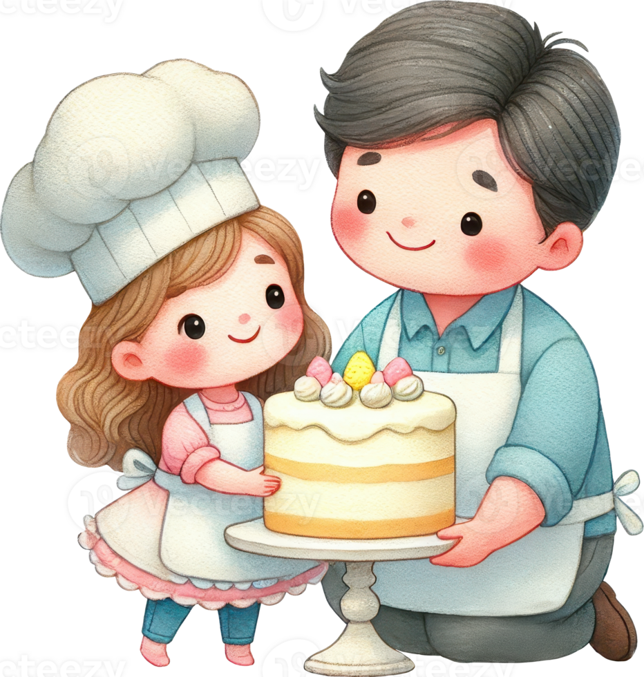 Baker dad and daughter baking and enjoying a celebratory cake together png