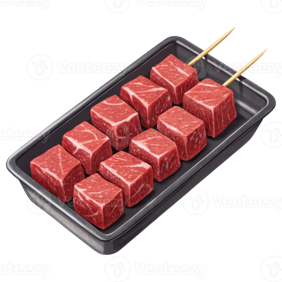 Cubed beef for skewers arranged in a tray png