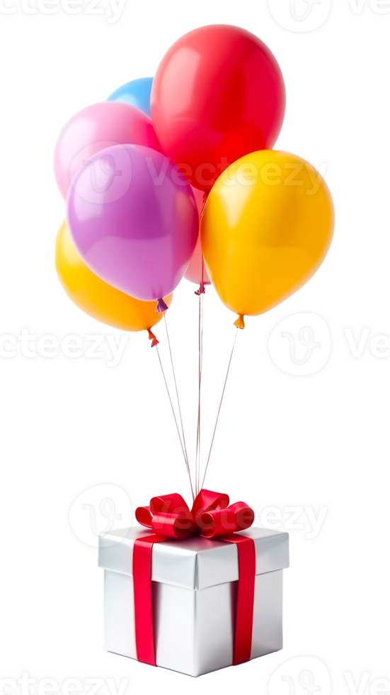 Elegant white gift box with red ribbon bow, isolated on transparent background, wrapped presents and vibrant balloons for Instagram, vertical banners, or festive posters, elements for your design png