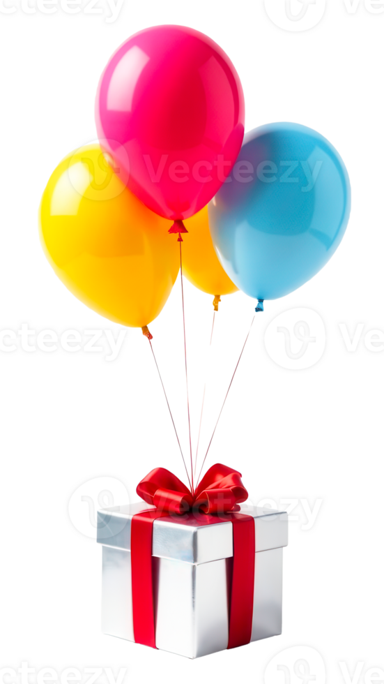 White gift box with red ribbon, festive presents and balloons on transparent background for holiday banners, birthday ads, promo graphics design png
