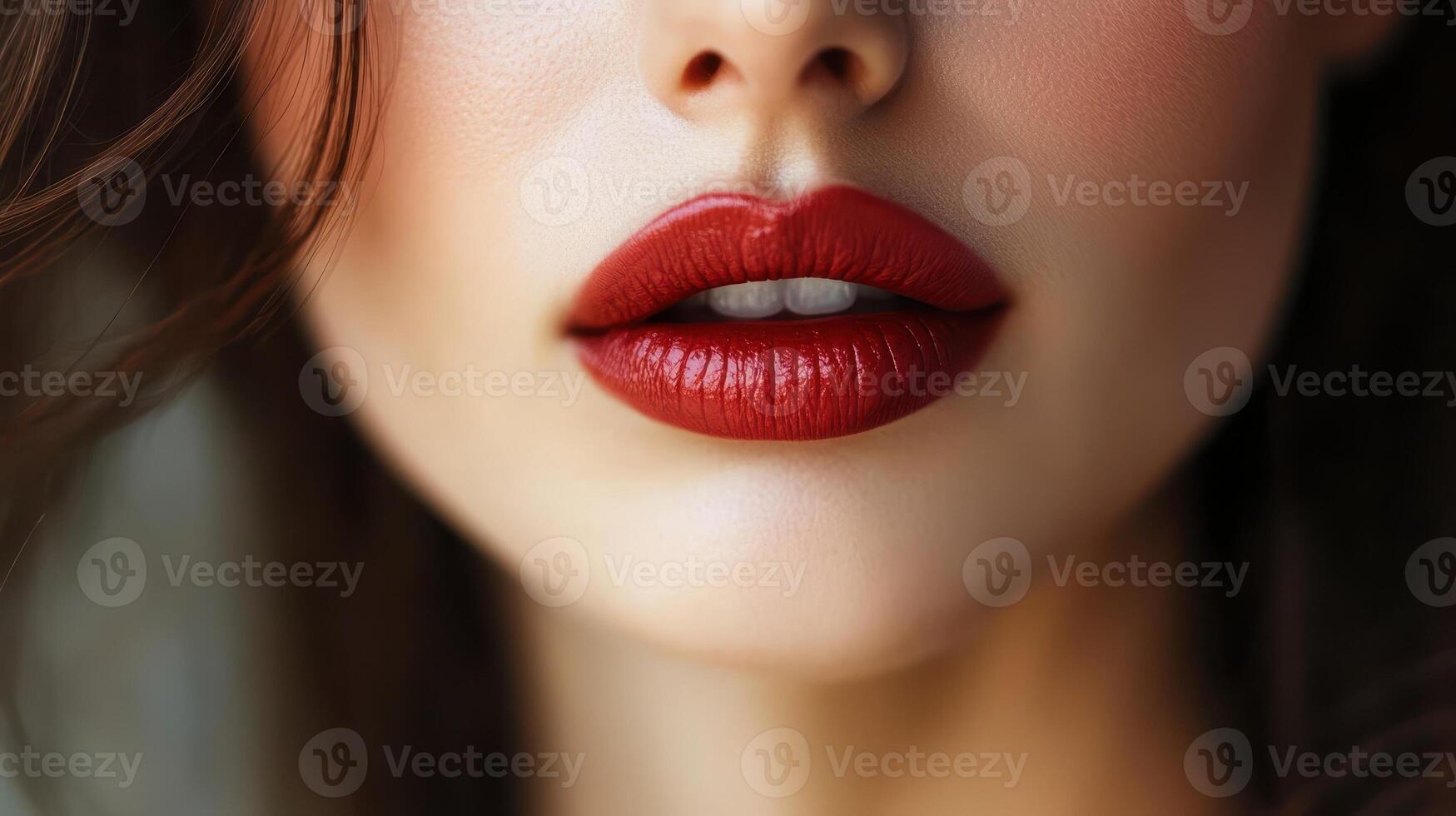 Red Lips Beauty. Close-up of Woman with Red Lipstick and Gorgeous Smile. photo
