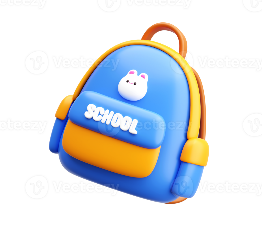3D Cute School Backpack Icon with Bunny Badge for Kids and Education png