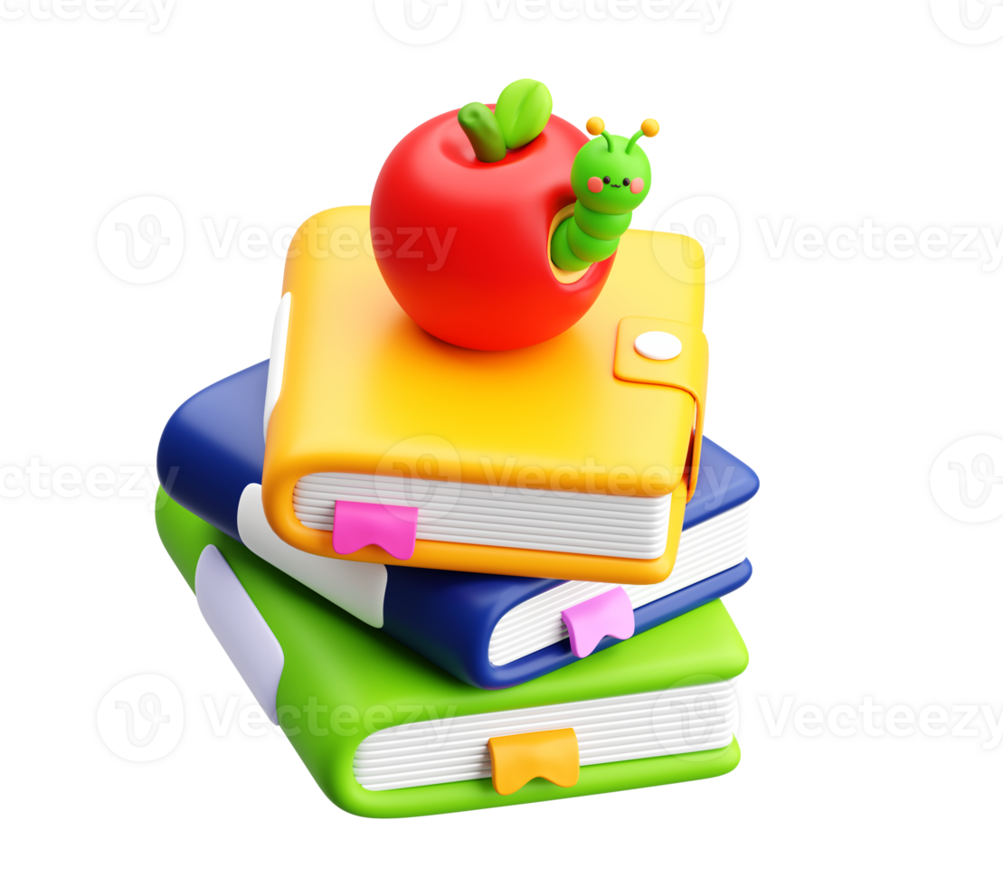 3D Stack of Colorful Books with Apple and Cute Worm for Kids Education png