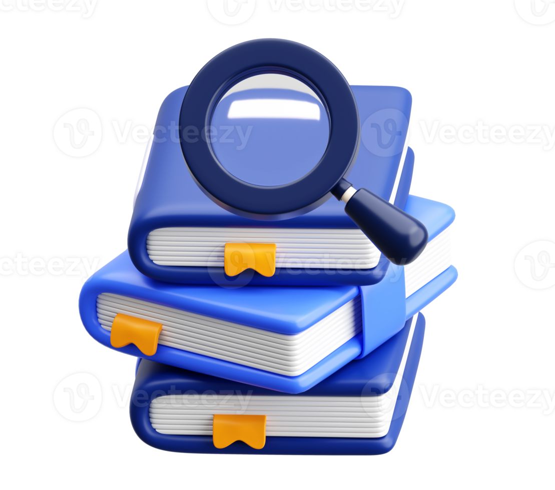 3D Stack of Books with Magnifying Glass for Research and Information Search png