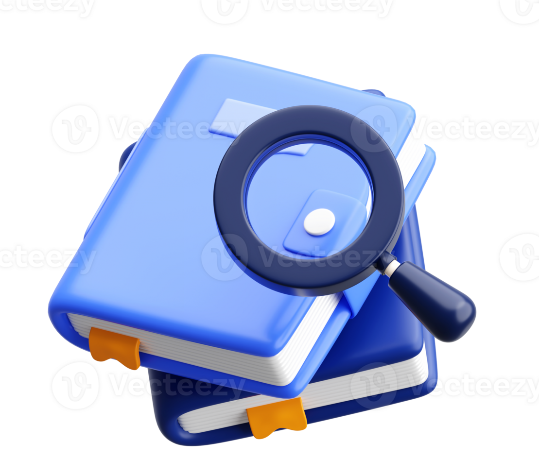 3D Books with Magnifying Glass Icon for Research and Knowledge Search png