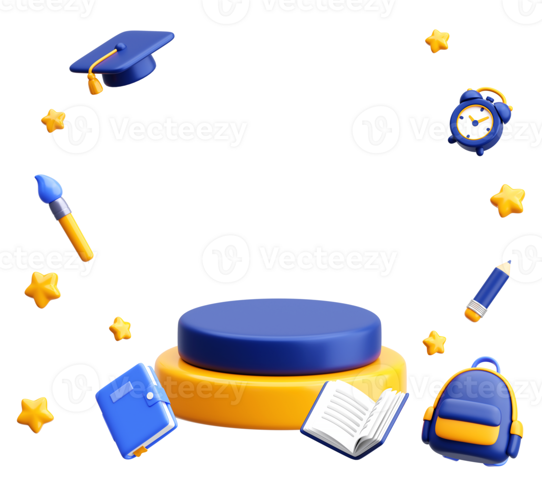 3D Education Background Scene with Books, Backpack and Graduation Cap png